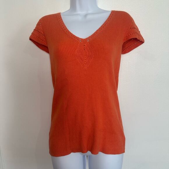 Y2K Style Knit Short Sleeve Light Sweater, Embroidered Style, Orange, Sz Large - Picture 3 of 6